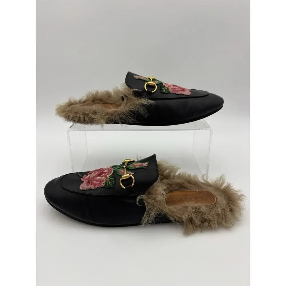 Gucci Princetown Loafer Black Leather Rose Embroidered Horsebit Size 38 / 8 Fur - Picture 3 of 16